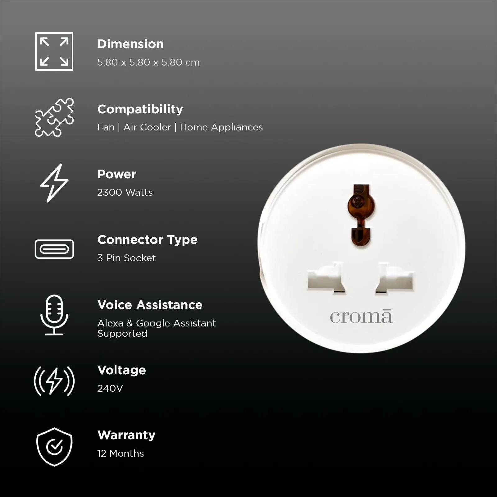 Croma Alexa & Google Assistant Smart Plug For Room Heater, Air Conditioner (Voice control, CRSP10ASPA327201, White) Hover