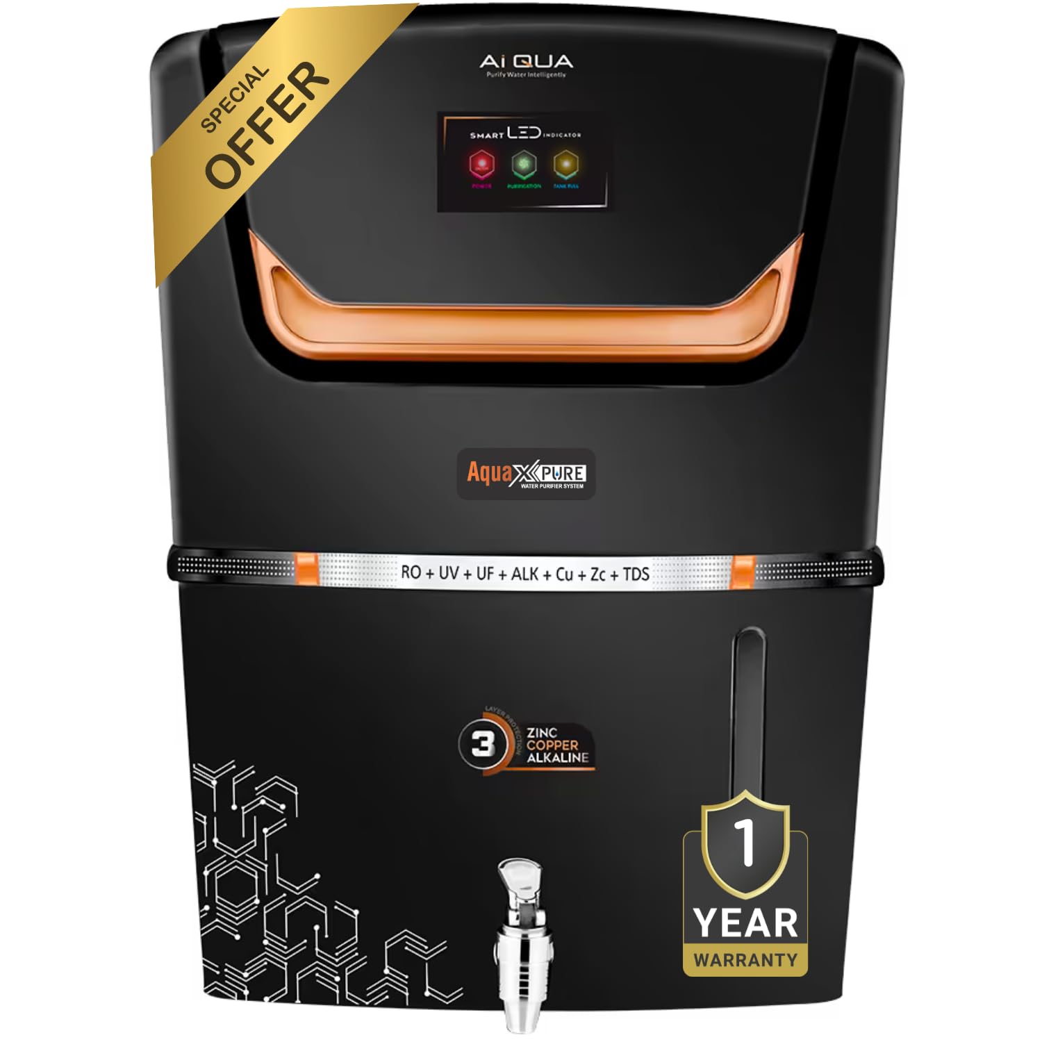 Aqua X Pure® Ai Black Premium RO Domestic Water Purifier | 5in1 Health Booster | RO+ UV+ UF+ MinLx+ High TDS Membrane+ TDS² | Smart LED Indicator | Engineered for all Water Supply (0-3000ppm) Hover