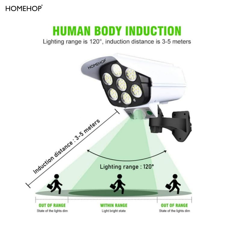 Homehop Solar Motion Sensor Light for Home 77 LED Security Camera Shaped Rotatable Wall Lamp Outdoor, Waterproof for Garden, Balcony, and Patio Hover